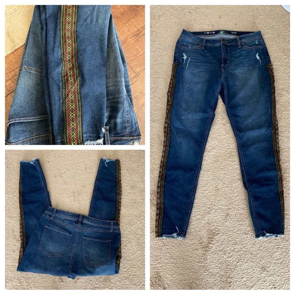 Repreve women dip distressed mid rise skinny Embroidered trim raw hem jeans 16W